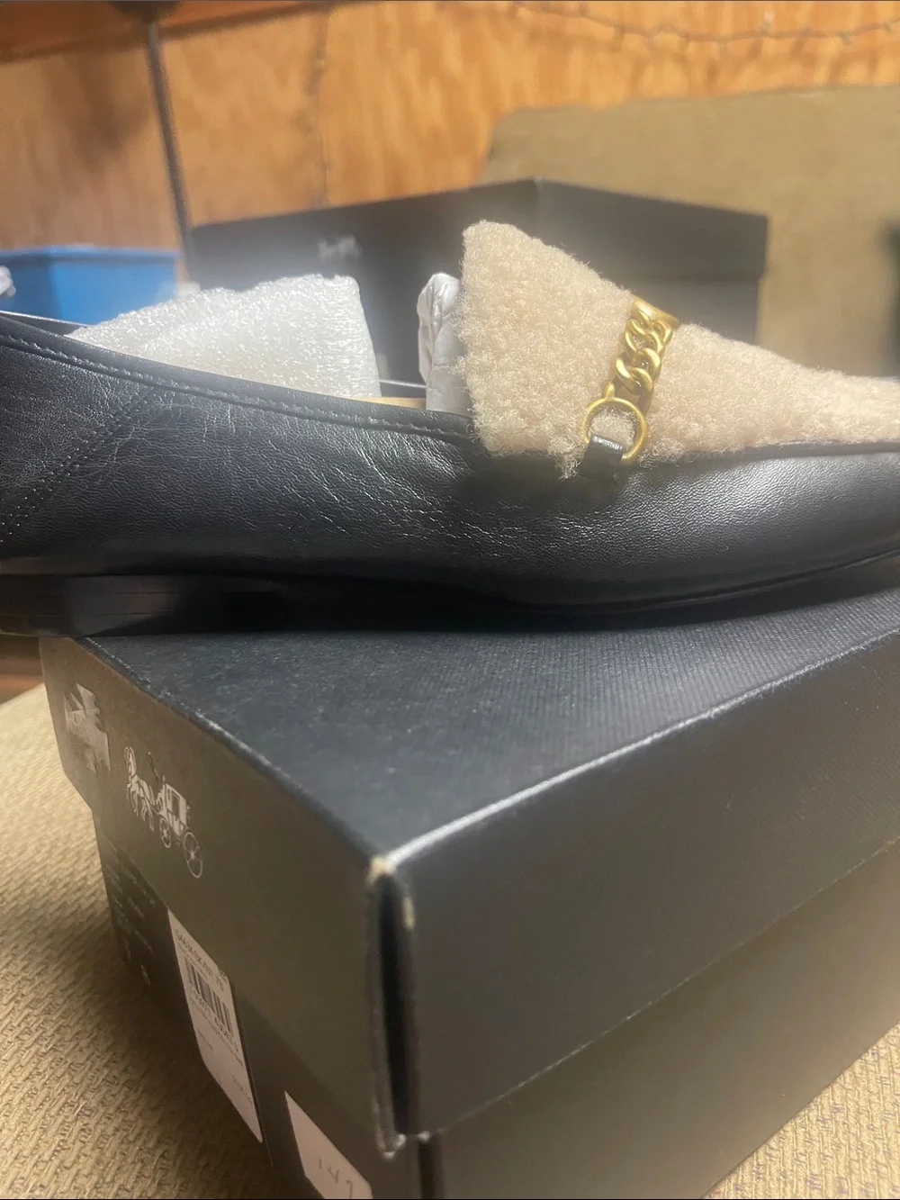 Coach Loafer   Black Leather Loafers with Cream Shearling Trim